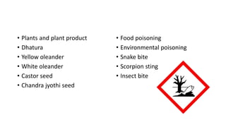 • Plants and plant product
• Dhatura
• Yellow oleander
• White oleander
• Castor seed
• Chandra jyothi seed
• Food poisoning
• Environmental poisoning
• Snake bite
• Scorpion sting
• Insect bite
 