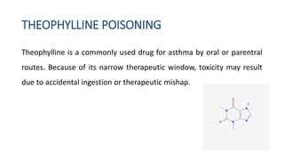 THEOPHYLLINE POISONING
Theophylline is a commonly used drug for asthma by oral or parentral
routes. Because of its narrow therapeutic window, toxicity may result
due to accidental ingestion or therapeutic mishap.
 