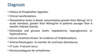 Diagnosis
• History of theophylline ingestion.
• Clinical manifestations.
• Theophylline levels in blood- concentration greater than 50mcg/ ml in
acute overdose, greater than 40mcg/ml in patients younger than 6
months indicate toxicity.
• Electrolyte and glucose levels- hypokalemia, hyperglycemia, or
hypercalcemia.
• Serum creatinine kinase- for evidence of rhabdomyolysis.
• Arterial blood gases- to monitor for acid base disturbance.
• CT scan- if seizure occur.
• Electrocardiogram for arrhythmias
 