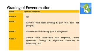 Grading of Envenomation
Grade Signs and symptoms
Grade 0
Grade 1
Grade 2
Grade 3
 Nil
 Minimal with local swelling & pain that does not
progress.
 Moderate with swelling, pain & ecchymosis.
 Severe, with remarkable local response, severe
systematic findings & significant alteration in
laboratory tests.
 