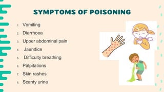 SYMPTOMS OF POISONING
1. Vomiting
2. Diarrhoea
3. Upper abdominal pain
4. Jaundice
5. Difficulty breathing
6. Palpitations
7. Skin rashes
8. Scanty urine
 