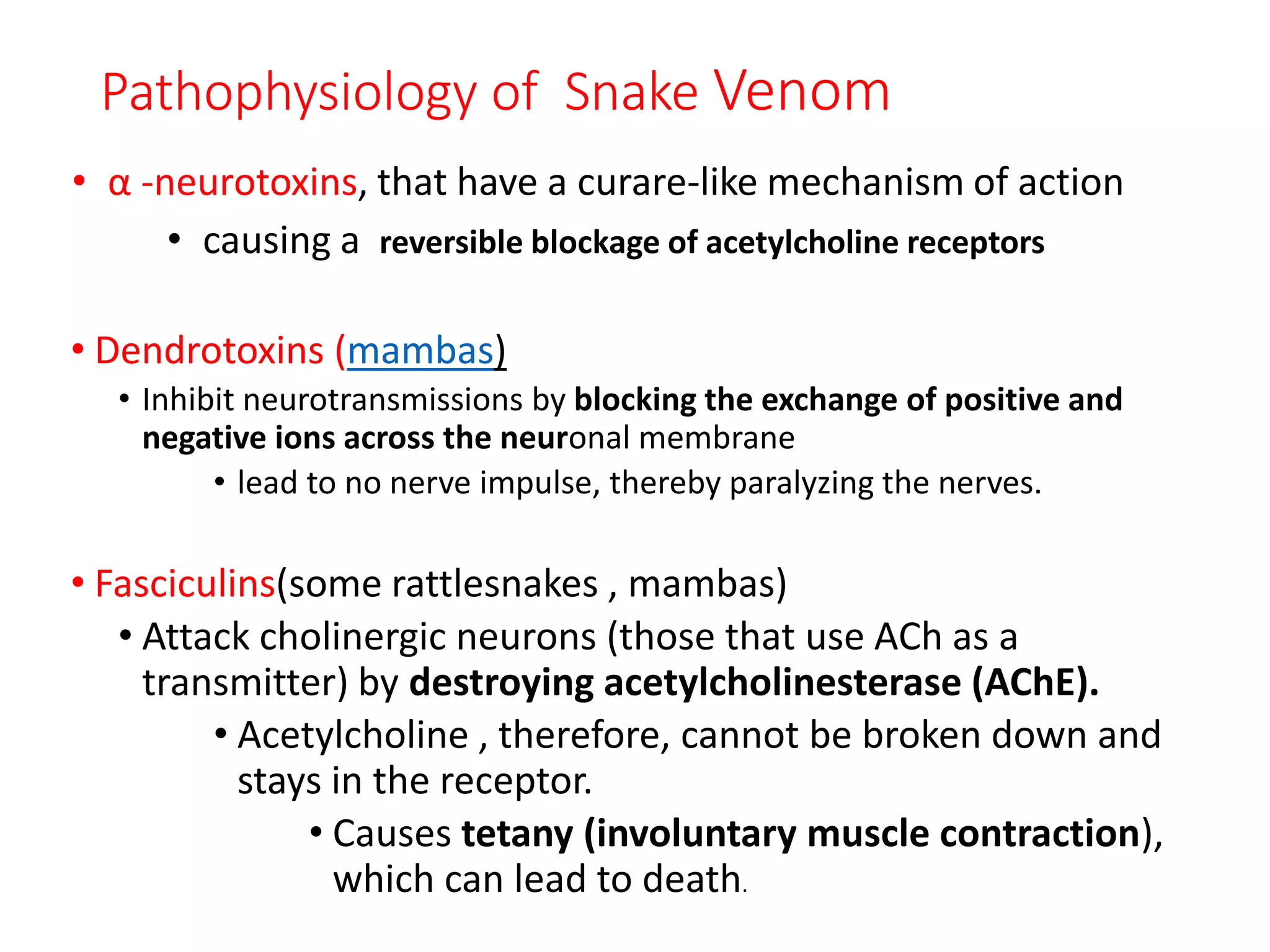 Pathophysiology of Snake Venom
• α -neurotoxins, that have a curare-like mechanism of action
• causing a reversible blockage of acetylcholine receptors
• Dendrotoxins (mambas)
• Inhibit neurotransmissions by blocking the exchange of positive and
negative ions across the neuronal membrane
• lead to no nerve impulse, thereby paralyzing the nerves.
• Fasciculins(some rattlesnakes , mambas)
• Attack cholinergic neurons (those that use ACh as a
transmitter) by destroying acetylcholinesterase (AChE).
• Acetylcholine , therefore, cannot be broken down and
stays in the receptor.
• Causes tetany (involuntary muscle contraction),
which can lead to death.
 