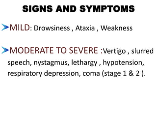 SIGNS AND SYMPTOMS
MILD: Drowsiness , Ataxia , Weakness
MODERATE TO SEVERE :Vertigo , slurred
speech, nystagmus, lethargy , hypotension,
respiratory depression, coma (stage 1 & 2 ).
 
