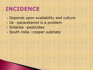 Depends upon availability and culture
 Uk –paracetamol is a problem
 Srilanka –pesticides
 South india –copper sulphate
 