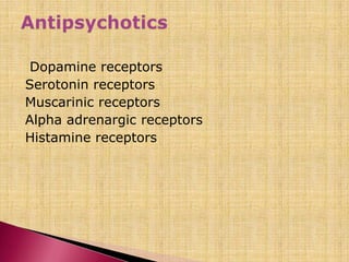 Dopamine receptors
Serotonin receptors
Muscarinic receptors
Alpha adrenargic receptors
Histamine receptors
 
