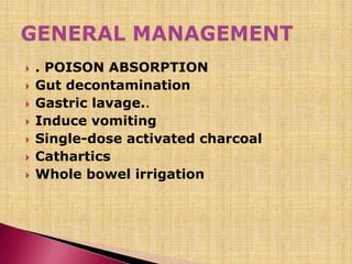 . POISON ABSORPTION
 Gut decontamination
 Gastric lavage..
 Induce vomiting
 Single-dose activated charcoal
 Cathartics
 Whole bowel irrigation
 