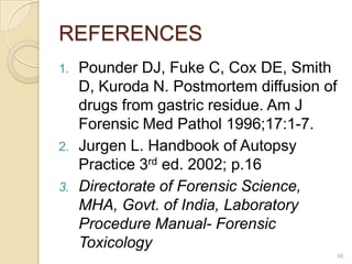REFERENCES
1. Pounder DJ, Fuke C, Cox DE, Smith
D, Kuroda N. Postmortem diffusion of
drugs from gastric residue. Am J
Forensic Med Pathol 1996;17:1-7.
2. Jurgen L. Handbook of Autopsy
Practice 3rd ed. 2002; p.16
3. Directorate of Forensic Science,
MHA, Govt. of India, Laboratory
Procedure Manual- Forensic
Toxicology
46
 