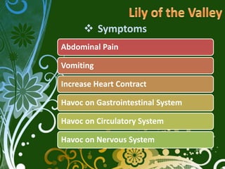  Symptoms
Abdominal Pain

Vomiting

Increase Heart Contract

Havoc on Gastrointestinal System

Havoc on Circulatory System

Havoc on Nervous System
 