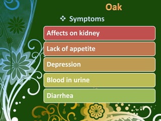  Symptoms
Affects on kidney

Lack of appetite

Depression

Blood in urine

Diarrhea
 