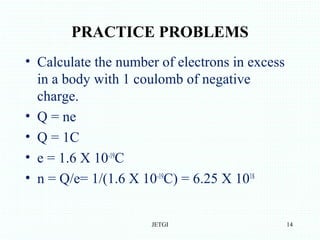 PRACTICE PROBLEMS
• Calculate the number of electrons in excess
in a body with 1 coulomb of negative
charge.
• Q = ne
• Q = 1C
• e = 1.6 X 10-19
C
• n = Q/e= 1/(1.6 X 10-19
C) = 6.25 X 1018
JETGI 14
 
