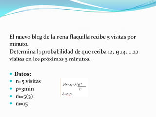 El nuevo blog de la nena flaquilla recibe 5 visitas por
minuto.
Determina la probabilidad de que reciba 12, 13,14…..20
visitas en los próximos 3 minutos.
 Datos:
 n=5 visitas
 p=3min
 m=5(3)
 m=15
 