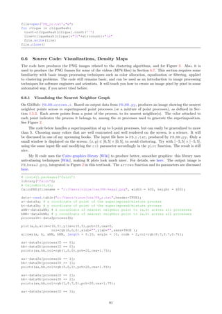 x1=x+factor*math.cos(2*pi*ran1);
y1=y+factor*math.sin(2*pi*ran1);
line=str(h)+t+str(k)+tLocalt+str(x1)+t+str(y1)+n
file.write(line)
file.close()
6.4 Source Code: Nearest Neighbor Distances
On GitHub: PB NN.py. Generates points and computes nearest neighbor distances and related statistics, for
a realization of a superimposition of m shifted stretched Poisson-binomial processes (also called m-interlacing),
as defined in Section 1.5.3, using Formulas 8 and 9 for the simulation of each individual point process. The
output data consists of text files with tab-separated columns. They are used to study the distribution of
nearest neighbor distances and statistical testing, and as input files for PB NN arrows.r, PB NN graph.py
and GD util.py.
The source code is divided into 5 parts.
Part 1 consists of initializing the following global variables:
ˆ Nprocess: The number m of processes used to create the superimposed process.
ˆ seed: To initialize the pseudo-random number generator, so that the same data is produced each time
the program is run, for easy replication.
ˆ s: The scaling factor s (note that λ = 1)
ˆ ShiftX[i], ShiftY[i]: X- and Y-coordinates of the shift vector (arrays)
ˆ StretchX[i], StretchY[i]: Stretching factors for the X and Y axes; set to 1 here.
ˆ epsilon: Used for numerical stability.
ˆ processID: Index of the point process (among the m point processes) currently accessed, in any loop.
ˆ bitmap: 400 × 400 array to store and process an image in memory.
ˆ string: Used for Excel compatibility to easily create scatterplots with multiple colors: one color for each
processID. Should be replaced by a single TAB character if you don’t use Excel; otherwise it consists
of multiple TABs.
The fields of the output files are provided in Parts 2 to 5, where they are used.
# PB_NN.py
# lambda = 1
import numpy as np
import math
import random
# PART 1: Initialization
Nprocess=5 # number of processes in the process superimposition
s=0.15 # scaling factor
method=0 # method=0 is fastest
NNflag=False # set to True if you need to compute NN distances
window=10 # determines size of local filter [the bigger, the smoother]
nloop=3 # number of times the image is filtered [the bigger, the smoother]
epsilon=0.0000000001 # for numerical stability
seed=82431 # arbitrary number
random.seed(seed) # initialize random generator
sep=t # TAB character
shiftX=[]
shiftY=[]
stretchX=[]
stretchY=[]
a=[]
b=[]
process=[]
sstring=[] # string in Perl version
75
 