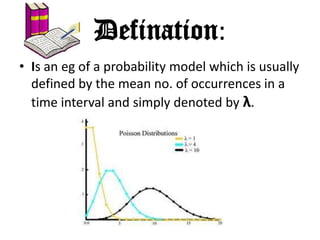 Defination:
• Is an eg of a probability model which is usually
  defined by the mean no. of occurrences in a
  time interval and simply denoted by λ.
 