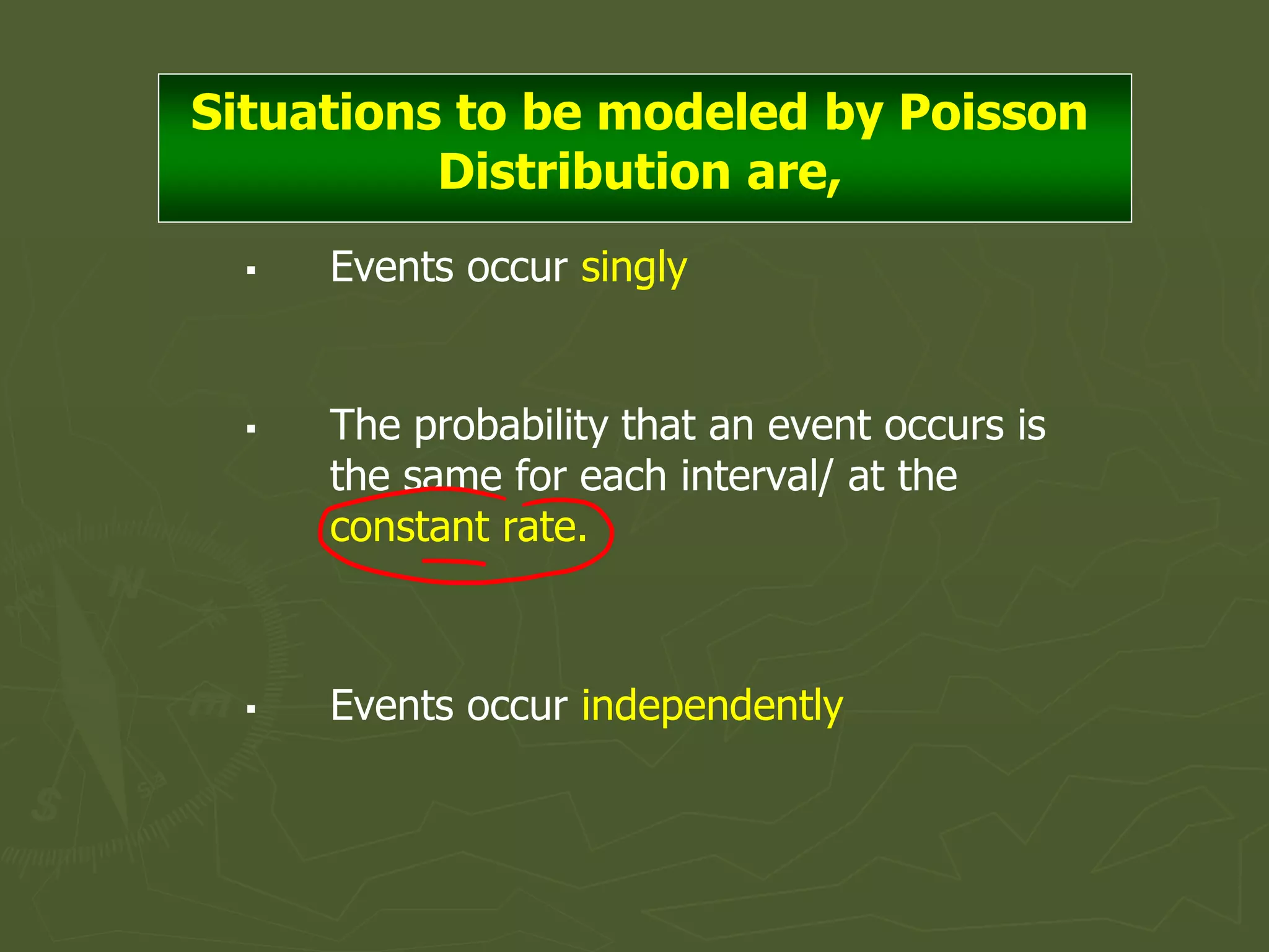 Situations to be modeled by Poisson
Distribution are,
▪ Events occur singly
▪ The probability that an event occurs is
the same for each interval/ at the
constant rate.
▪ Events occur independently
 