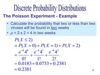 The Poisson Experiment - Example
 • Calculate the probability that two or less than two
   viruses will be found in two weeks
 • μ = 2 x 2 = 4 in two weeks
     P( X  2)
      P( X  0)  P( X  1)  P( X  2)
        4 0    4 1    4 2
       e 4 e 4 e 4
                   
         0!      1!      2!
      0.0183  0.0733  0.2381
      0.2381                                      14
 