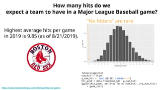 How many hits do we
expect a team to have in a Major League Baseball game?
https://www.teamrankings.com/mlb/stat/hits-per-game
Highest average hits per game
in 2019 is 9.85 (as of 8/21/2019).
library(ggplot2)
num_hit <- 0:20
p_num_hit <- dpois(0:20, lambda=9.85)
hit_prob = data.frame(num_hit, p_num_hit)
ggplot(hit_prob, aes(x=as.factor(num_hit), y=p_num_hit))
+ geom_col()
"No hitters" are rare
 