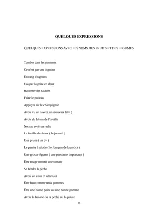 QUELQUES EXPRESSIONS
QUELQUES EXPRESSIONS AVEC LES NOMS DES FRUITS ET DES LEGUMES
Tomber dans les pommes
Ce n'est pas vos oignons
En rang d'oignons
Couper la poire en deux
Raconter des salades
Faire le poireau
Appuyer sur le champignon
Avoir vu un navet ( un mauvais film )
Avoir du blé ou de l'oseille
Ne pas avoir un radis
La feuille de choux ( le journal )
Une prune ( un pv )
Le panier à salade ( le fourgon de la police )
Une grosse légume ( une personne importante )
Être rouge comme une tomate
Se fendre la pêche
Avoir un cœur d' artichaut
Être haut comme trois pommes
Être une bonne poire ou une bonne pomme
Avoir la banane ou la pêche ou la patate
35
 