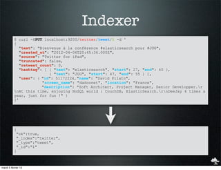 Indexer
           $ curl -XPUT localhost:9200/twitter/tweet/1 -d '
           {
              "text": "Bienvenue à la conférence #elasticsearch pour #JUG",
              "created_at": "2012-04-06T20:45:36.000Z",
              "source": "Twitter for iPad",
              "truncated": false,
              "retweet_count": 0,
              "hashtag": [ { "text": "elasticsearch", "start": 27, "end": 40 },
                           { "text": "JUG", "start": 47, "end": 55 } ],
              "user": { "id": 51172224, "name": "David Pilato",
                        "screen_name": "dadoonet", "location": "France",
                        "description": "Soft Architect, Project Manager, Senior Developper.r
           nAt this time, enjoying NoSQL world : CouchDB, ElasticSearch.rnDeeJay 4 times a
           year, just for fun !" }
           }'




           {
            "ok":true,
            "_index":"twitter",
            "_type":"tweet",
            "_id":"1"
           }



mardi 5 février 13
 