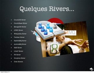 Quelques Rivers...
                     •   CouchDB River

                     •   CouchBase River

                     •   MongoDB River

                     •   JDBC River

                     •   Wikipedia River

                     •   Twitter River

                     •   RabbitMQ River

                     •   ActiveMQ River

                     •   RSS River

                     •   LDAP River

                     •   FS River

                     •   Dropbox River

                     •   Dick Rivers




mardi 5 février 13
 