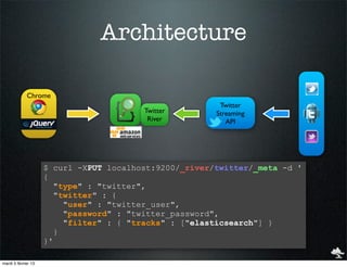 Architecture

             Chrome
                                                         Twitter
                                         Twitter        Streaming
                                          River            API




                     $ curl -XPUT localhost:9200/_river/twitter/_meta -d '
                     {
                        "type" : "twitter",
                        "twitter" : {
                          "user" : "twitter_user",
                          "password" : "twitter_password",
                          "filter" : { "tracks" : ["elasticsearch"] }
                        }
                     }'

mardi 5 février 13
 