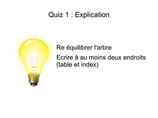 Quiz 1 : Explication



  Re équilibrer l'arbre
  Ecrire à au moins deux endroits
  (table et index)
 