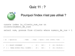Quiz 11 : ?

                        Pourquoi l'index n'est pas utilisé ?

create index ix_clients_num_rue on
clients(numero_de_rue)
select nom, prenom from clients where numero_de_rue = 1


-----------------------------------------------------------------------------

| Id   | Operation          | Name    | Rows   | Bytes | Cost (%CPU)| Time    |

-----------------------------------------------------------------------------

|    0 | SELECT STATEMENT   |         |    20 |   360 |     9    (0)| 00:00:01 |

|*   1 |   TABLE ACCESS FULL| CLIENTS |    20 |   360 |     9    (0)| 00:00:01 |

-----------------------------------------------------------------------------
 