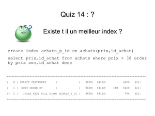Quiz 14 : ?

                           Existe t il un meilleur index ?

create index achats_p_id on achats(prix,id_achat)
select prix,id_achat from achats where prix > 30 order
by prix asc,id_achat desc


-------------------------------------------------------------------------------------

|    0 | SELECT STATEMENT      |             |    963K|   9411K|     |    4629   (2)|

|    1 |   SORT ORDER BY       |             |    963K|   9411K|   18M|   4629   (2)|

|*   2 |    INDEX FAST FULL SCAN| ACHATS_P_ID |   963K|   9411K|     |    764    (2)|

-------------------------------------------------------------------------------------
 