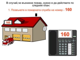 В случай,че възникне пожар, нужно е да действате по
следния план:
1. Позвънете в пожарната служба на номер - 160

160

160

 