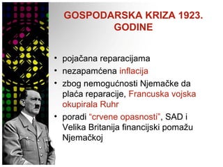 GOSPODARSKA KRIZA 1923.
GODINE
• pojačana reparacijama
• nezapamćena inflacija
• zbog nemogućnosti Njemačke da
plaća reparacije, Francuska vojska
okupirala Ruhr
• poradi “crvene opasnosti”, SAD i
Velika Britanija financijski pomažu
Njemačkoj
 
