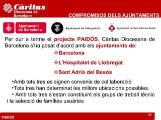 COMPROMISOS DELS AJUNTAMENTS



 Per dur a terme el projecte PAIDÓS, Càritas Diocesana de
 Barcelona s’ha posat d’acord amb els ajuntaments de:




     •Amb tots tres es signen convenis de col.laboració
     •Tots tres han determinat les millors ubicacions possibles.
     • Amb tots tres s’estan constituint els grups de treball tècnic
  i la selecció de famílies usuàries

                                                                 10
PAIDÓS
 