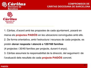 COMPROMISOS DE
                                          CÀRITAS DIOCESANA DE BARCELONA




  1. Càritas, d’acord amb les propostes de cada ajuntament, posarà en
  marxa els projectes PAIDÓS en les ubicacions convingudes amb ells.
  2. De forma orientativa, amb l’estructura i recursos de cada projecte, es
  pretén donar resposta i atenció a 120/160 famílies
  (4 projectes i 30/40 famílies per projecte, durant 4 anys).
  3. Càritas assumeix la responsabilitat de la direcció, del seguiment i de
  l’avaluació dels resultats de cada projecte PAIDÓS concret.

                                                                              13
PAIDÓS
 