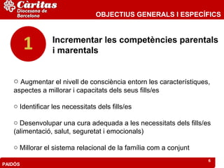OBJECTIUS GENERALS I ESPECÍFICS


                 Incrementar les competències parentals
                 i marentals


   o Augmentar el nivell de consciència entorn les característiques,
   aspectes a millorar i capacitats dels seus fills/es

   o Identificar les necessitats dels fills/es

   o Desenvolupar una cura adequada a les necessitats dels fills/es
   (alimentació, salut, seguretat i emocionals)

   o Millorar el sistema relacional de la família com a conjunt
                                                                   6
PAIDÓS
 