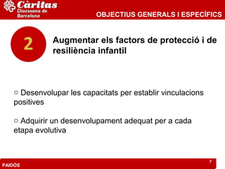 OBJECTIUS GENERALS I ESPECÍFICS


              Augmentar els factors de protecció i de
              resiliència infantil



   o Desenvolupar les capacitats per establir vinculacions
   positives

   o Adquirir un desenvolupament adequat per a cada
   etapa evolutiva


                                                             7
PAIDÓS
 
