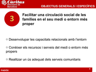 OBJECTIUS GENERALS I ESPECÍFICS


              Facilitar una circulació social de les
              famílies en el seu medi o entorn més
              proper



   o Desenvolupar les capacitats relacionals amb l’entorn

   o Conèixer els recursos i serveis del medi o entorn més
   propers

   o Realitzar un ús adequat dels serveis comunitaris

                                                             8
PAIDÓS
 