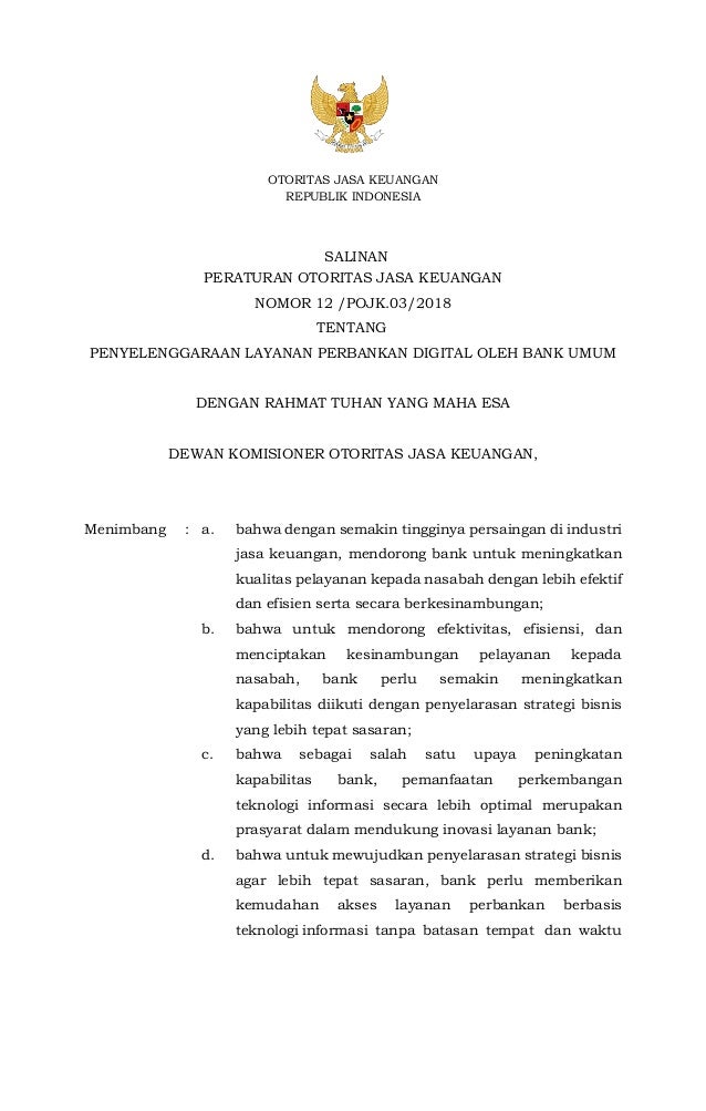 Pojk 12 Pojk 03 2018 Penyelenggaraan Layanan Perbankan Digital Oleh B