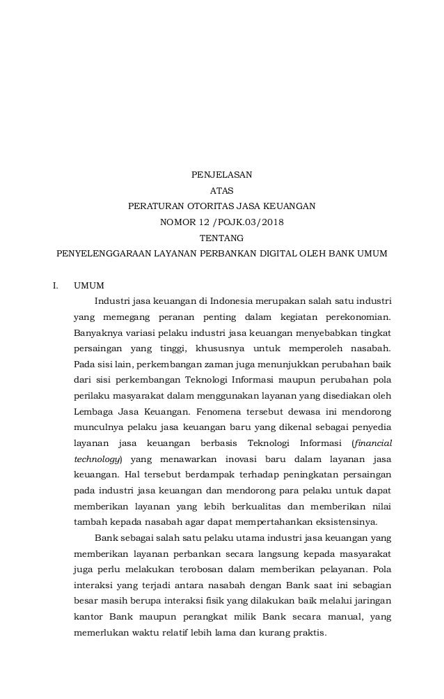 Pojk 12 Pojk 03 2018 Penyelenggaraan Layanan Perbankan Digital Oleh B