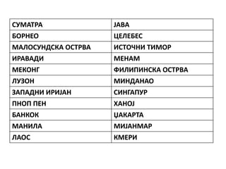 СУМАТРА ЈАВА
БОРНЕО ЦЕЛЕБЕС
МАЛОСУНДСКА ОСТРВА ИСТОЧНИ ТИМОР
ИРАВАДИ МЕНАМ
МЕКОНГ ФИЛИПИНСКА ОСТРВА
ЛУЗОН МИНДАНАО
ЗАПАДНИ ИРИЈАН СИНГАПУР
ПНОП ПЕН ХАНОЈ
БАНКОК ЏАКАРТА
МАНИЛА МИЈАНМАР
ЛАОС КМЕРИ
 