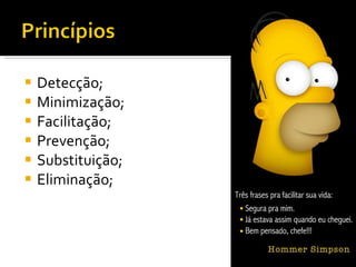 Detecção; Minimização; Facilitação; Prevenção; Substituição; Eliminação; 