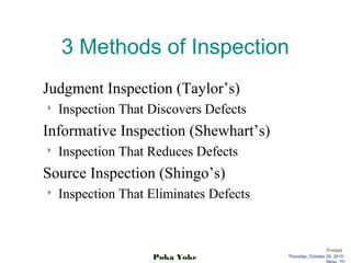 Printed:
Thursday, October 29, 2015Poka Yoke
3 Methods of Inspection
Judgment Inspection (Taylor’s)
› Inspection That Discovers Defects
Informative Inspection (Shewhart’s)
› Inspection That Reduces Defects
Source Inspection (Shingo’s)
› Inspection That Eliminates Defects
 