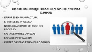 TIPOS DE ERRORES QUE POKA-YOKE NOS PUEDE AYUDARA
ELIMINAR
• ERRORES EN MANUFACTURA
• ERRORES DE PROCESO
• NO REALIZACIÓN DE UN PASO DEL
PROCESO
• FALTA DE PARTES O PIEZAS
• FALTA DE INFORMACIÓN
• PARTES O PIEZAS ERRÓNEAS O DAÑADAS
 