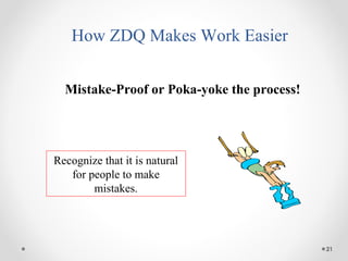 21
How ZDQ Makes Work Easier
Mistake-Proof or Poka-yoke the process!
Recognize that it is natural
for people to make
mistakes.
 