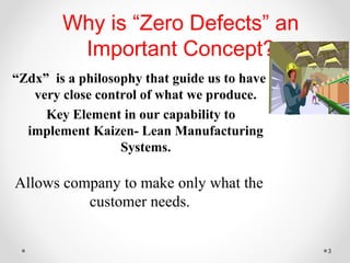 3
Why is “Zero Defects” an
Important Concept?
“Zdx” is a philosophy that guide us to have
very close control of what we produce.
Key Element in our capability to
implement Kaizen- Lean Manufacturing
Systems.
Allows company to make only what the
customer needs.
 