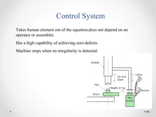 48
Control System
Takes human element out of the equation;does not depend on an
operator or assembler.
Has a high capability of achieving zero defects.
Machine stops when an irregularity is detected.
 