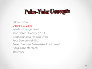Introduction
Defects & Costs
Waste Management
Zero Defect Quality ( ZDQ)
Understanding Process Errors
Four Elements of ZDQ
Seven Steps to Poka-Yoke Attainment
Poka-Yoke Methods
Summary
5
 