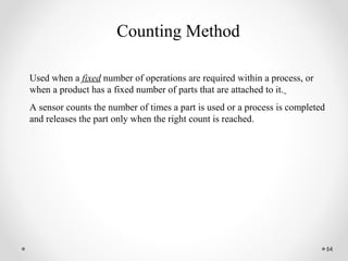 54
Counting Method
Used when a fixed number of operations are required within a process, or
when a product has a fixed number of parts that are attached to it.
A sensor counts the number of times a part is used or a process is completed
and releases the part only when the right count is reached.
 