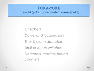 POKA-YOKEPOKA-YOKE
to avoid (yokeru) inadvertent errors (poka)to avoid (yokeru) inadvertent errors (poka)
Checklists
Dowel and locating pins
Error & alarm detectors
Limit or touch switches
Detectors, readers, meters,
counters
60
 