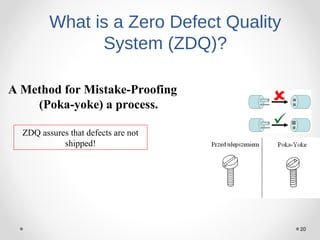20
What is a Zero Defect Quality
System (ZDQ)?
A Method for Mistake-Proofing
(Poka-yoke) a process.
ZDQ assures that defects are not
shipped!
 