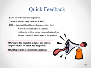 36
Quick Feedback
Error correction as soon as possible
The third of the 4 basic elements of ZDQ.
Differs from traditional inspection approaches that:
Correct problems after the process
Address the problem when errors are already defects
In some cases never identify an error has occurred
ZDQ sends the operator a signal and alarms
the person that an error has happened!
ZDQ Inspections = Immediate Feedback
 
