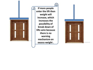 If more people
enter the lift then
weight will
increase, which
increases the
possibility of
break down of
lifts wire because
there is no
warning
mechanism on
excess weight .
 