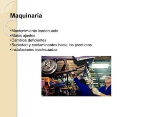 Maquinaria
•Mantenimiento inadecuado
•Malos ajustes
•Cambios deficientes
•Suciedad y contaminantes hacia los productos
•Instalaciones inadecuadas
 